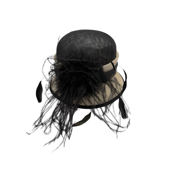 Vintage Fine Millinery Black & Cream Straw Hat w/ Feathers Dress Church Formal - Picture 1 of 6